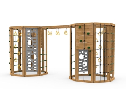 The Cliffhanger Gold Play Set includes the Cliffhanger kit, 2 Cargo Nets, 4 sets Climbing Rungs, 2 Climbing Rope Walls, 2 Rock Walls, 2 Hanging Rings on Chains, Monkey Rings, 4 Vertical Climbers, 2 Climbing Rope/Rock Walls and more Monkey Rings spanning between the two units from side 1